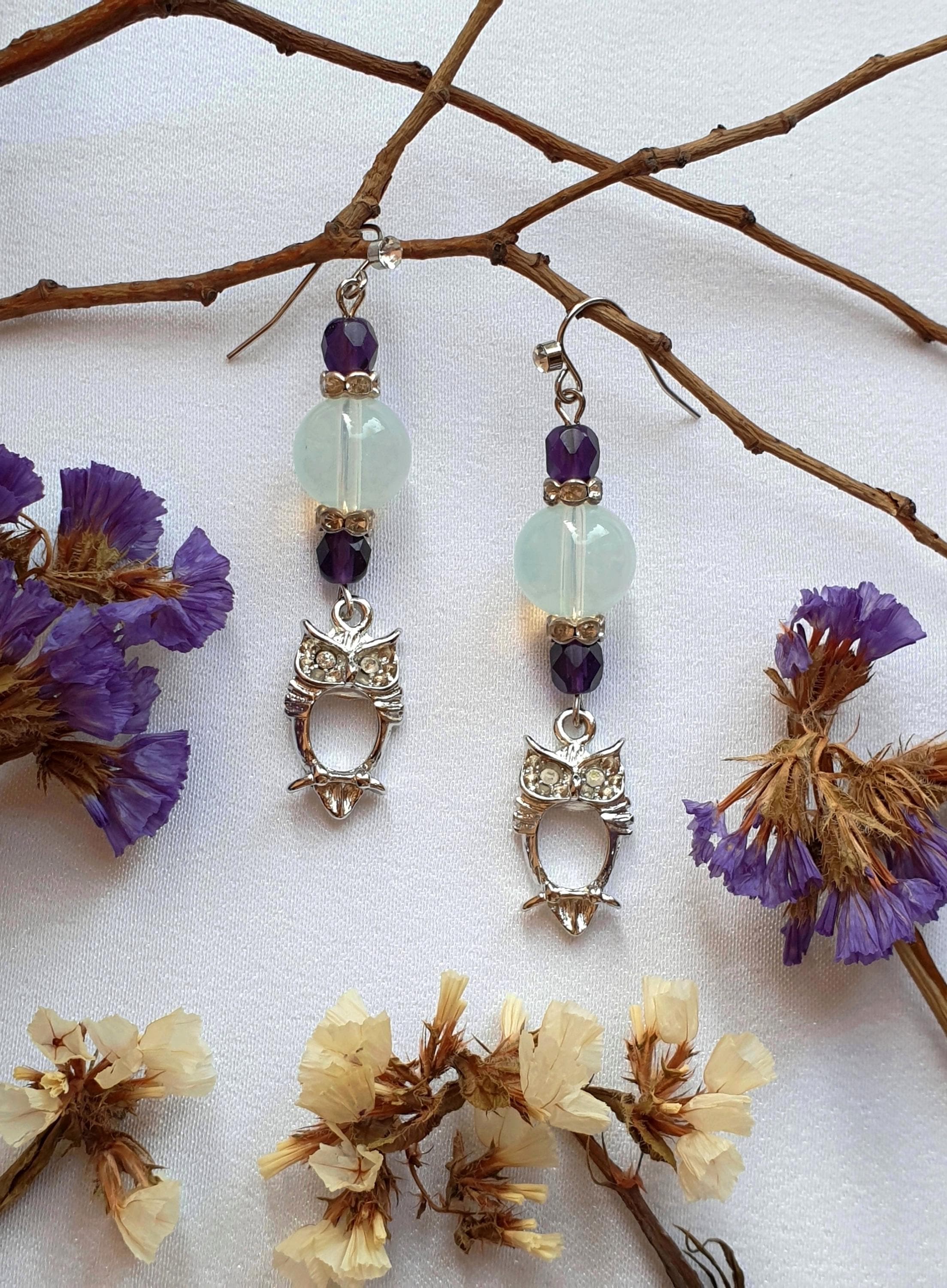 Original Beaded earrings for her, Owl Pendant earrings, Moonstone earrings, Birthstone gift for girl