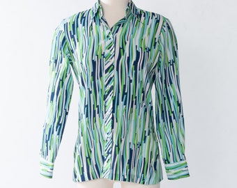1970s Abstract Striped Blouse: Vintage Button-Down Shirt