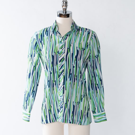 1970s Abstract Striped Blouse: Vintage Button-Down Shirt