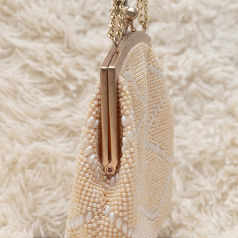 Fully Lined Purse Metal Straps 1980s Beaded Purse Vintage Cream Evening Purse