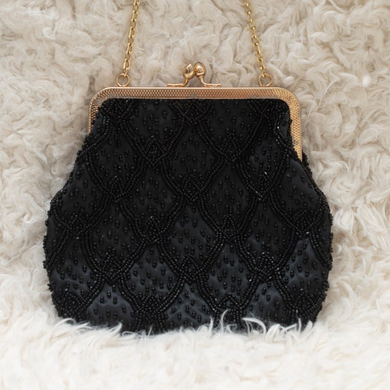 Vintage Beaded Purse | 1980s Black Purse | Black … - image 1