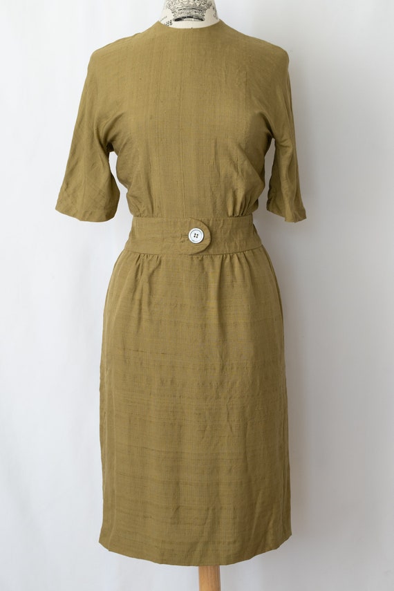 Vintage 1950s Olive Green Linen Dress by Walter B… - image 1