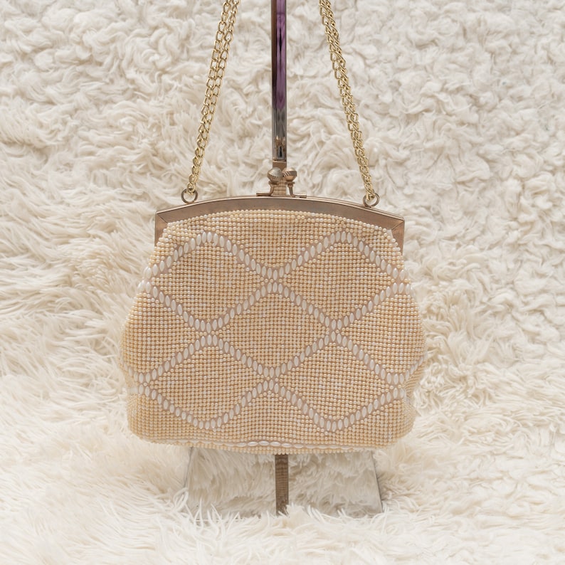 Fully Lined Purse Metal Straps 1980s Beaded Purse Vintage Cream Evening Purse