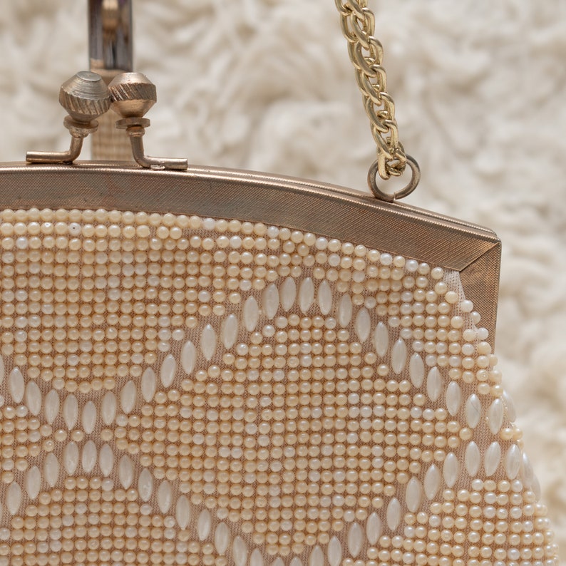 Fully Lined Purse Metal Straps 1980s Beaded Purse Vintage Cream Evening Purse