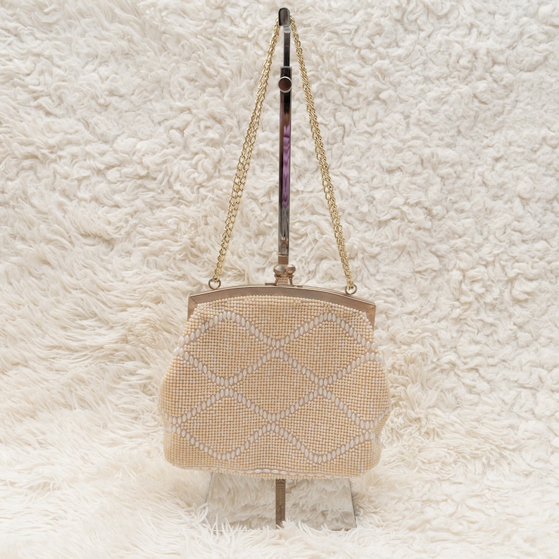 Fully Lined Purse Metal Straps 1980s Beaded Purse Vintage Cream Evening Purse