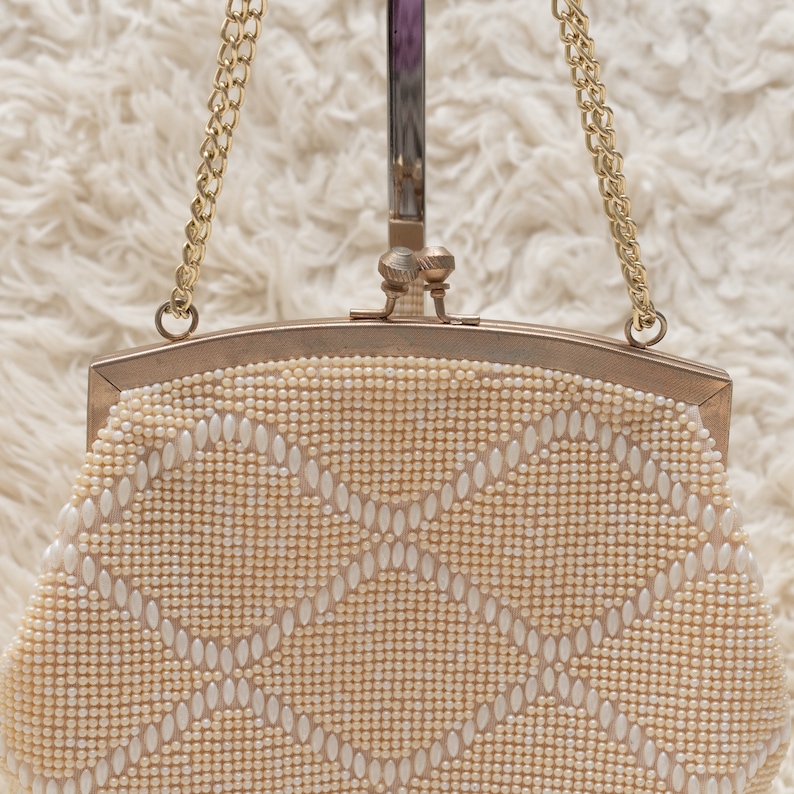 Fully Lined Purse Metal Straps 1980s Beaded Purse Vintage Cream Evening Purse