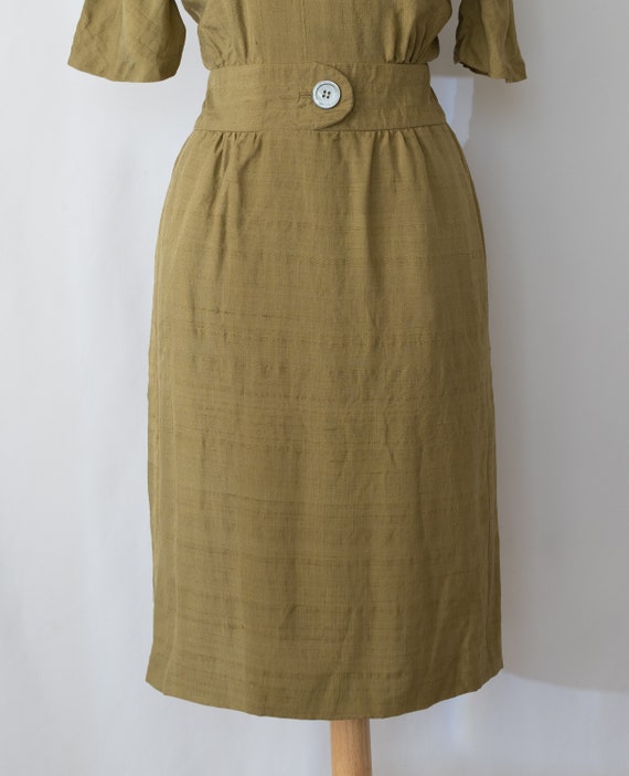 Vintage 1950s Olive Green Linen Dress by Walter B… - image 7