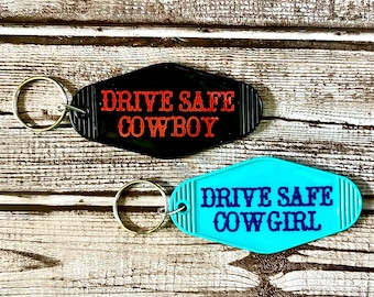 Drive Safe Cowboy / Cowgirl Western Vintage Motel Keychain | Western Keychain | Howdy | Howdy Keychain| Motel Keychain | Vintage Keychain