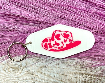 Cow Print Cowboy Hat Western Vintage Motel Keychain | Western Keychain | Cowboy Hat | Cowboy Keychain| Motel Keychain | Vintage Keychain