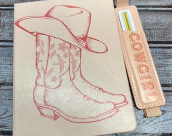 Cuaderno con forro de bota y sombrero de vaquero con portalápices / Cuaderno estilo western / Papelería estilo western / Cuaderno con estampado de vaca