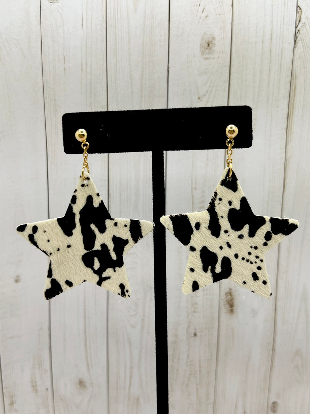 Faux Leather Cow Print Star Stud Dangle Earrings Nickle Free Etsy
