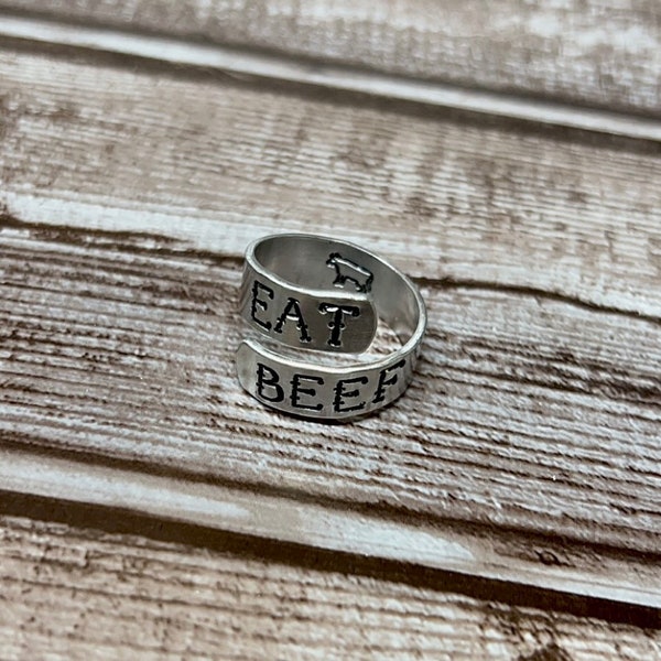 Eat Beef Adjustable Wrap Metal Stamped Ring | Western Rings | Metal Stamped Ring | Western Metal Stamped Ring | Wrap Ring