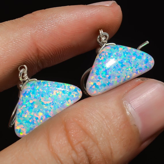 24X10X2 mm synthetic Opal Triangle Shape 925 Silver Dangle Earrings Loose Gemstone, 2.01 gms Lab Created Welo Fire Ethiopian Opal