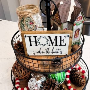 Mini Home Is Where Sign, Home Is Where The Heart Is, Home With Wreath Sign, Mini Wood Sign, Tiered Tray Sign, Burlap Decor, Farmhouse Wreath