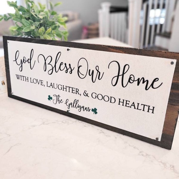 God Bless Our Home, Irish Home Sign, Irish Gifts, Personalized Housewarming Gift, Horizontal Last name Sign, Modern Farmhouse Style Sign