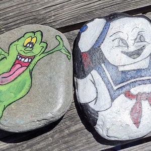 Ghost Busters Slimer and Stay Puft Marshmallow Man painted rocks