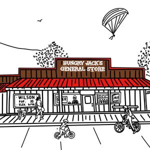 May include: A hand-drawn illustration of a red and brown general store with the sign "Hungry Jack's General Store". There are people walking in front of the store, a dog, and a person riding a bicycle. There is a small plane in the sky and a parachute.