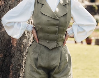 Edwardian Linen Bicycle Set: Vintage Style Vest & Knickerbockers