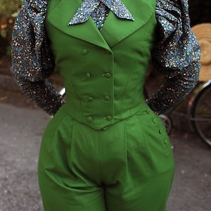 Zestaw bloomersów edwardiańskich, zestaw rowerowy edwardiański, kamizelka i spodnie, kamizelka wiktoriańska, bloomersy edwardiański wełniany garnitur, knickerbocker damen, lata 1900