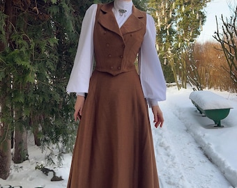 Victorian Wool Set, Handmade Skirt and Vest, Edwardian Historical Reenactment Outfit, Madeofsentiments