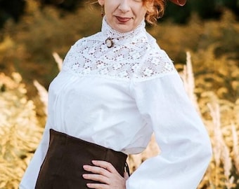 Edwardian Style Cotton Batiste Blouse: Bishop Sleeves, Lace Trim