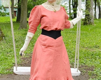 Linen  Dress in victorian edwardian style:vintage clothing, personalized lace dress