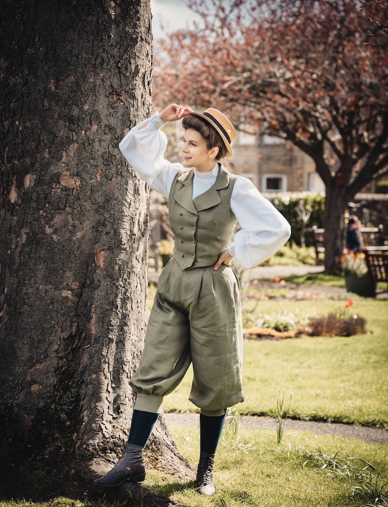 Edwardian Fashion, Clothing & Costumes 1900 – 1910s     Edwardian bloomers set Victorian linen Waistcoat and pants Victorian suitVictorian vest Bicycle set 1900 costume Vintage style linen  AT vintagedancer.com