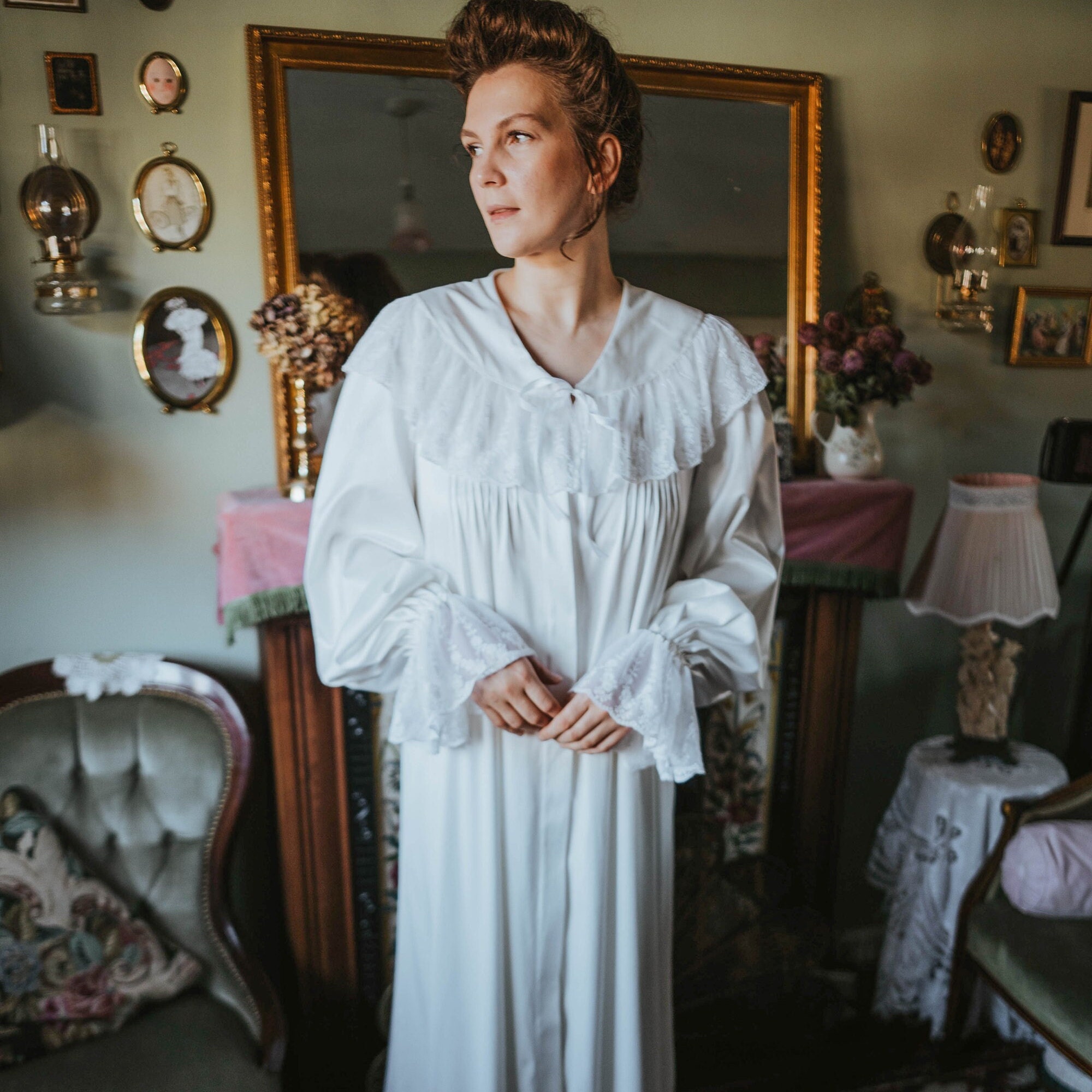 old fashioned dressing gown 70s Feather Trim Dressing Gown | S-XL