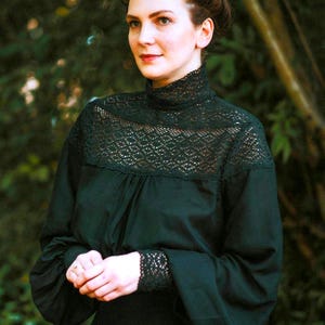 Retro black blouse in edwardian style, Antique Fashion, Victorian blouse, Puff sleeves, button blouse, Bishop sleeves, lace Vintage blouse