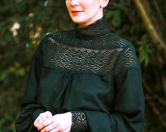 Victorian Edwardian Style Lace Blouse: Custom Made Cotton Bishop Sleeve Shirt