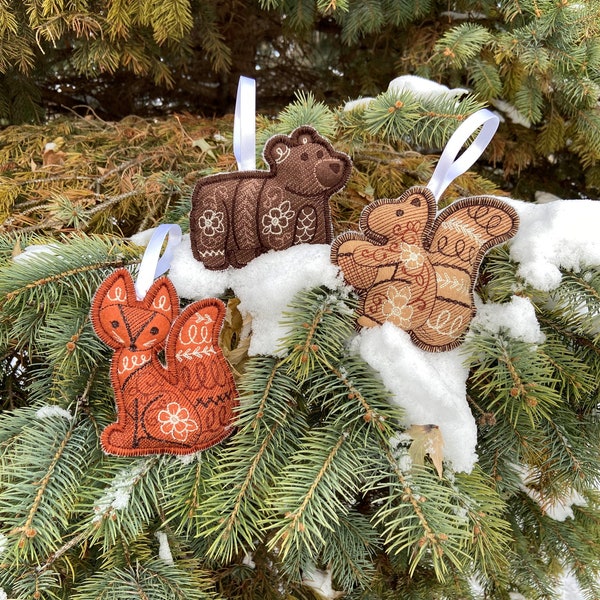 Embroidered Forest Animals Stuffed Christmas Tree Ornaments - set of 3