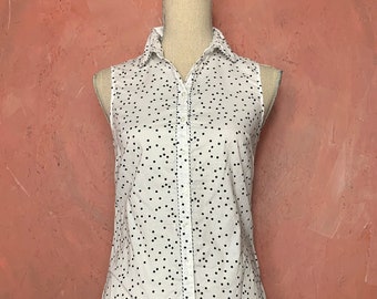 White with Black Polka Dots Blouse / White Sleeveless Blouse / White Cotton Button-Up / Black & White Blouse/ Early 00's Clothing/Y2K Top/
