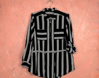 Black & White Striped Tunic / Black and White Shirt Dress / Thrifted Dresses /Vintage Dress/Vintage Tunic/Striped Tunic/Drawstring Tunic/Y2k