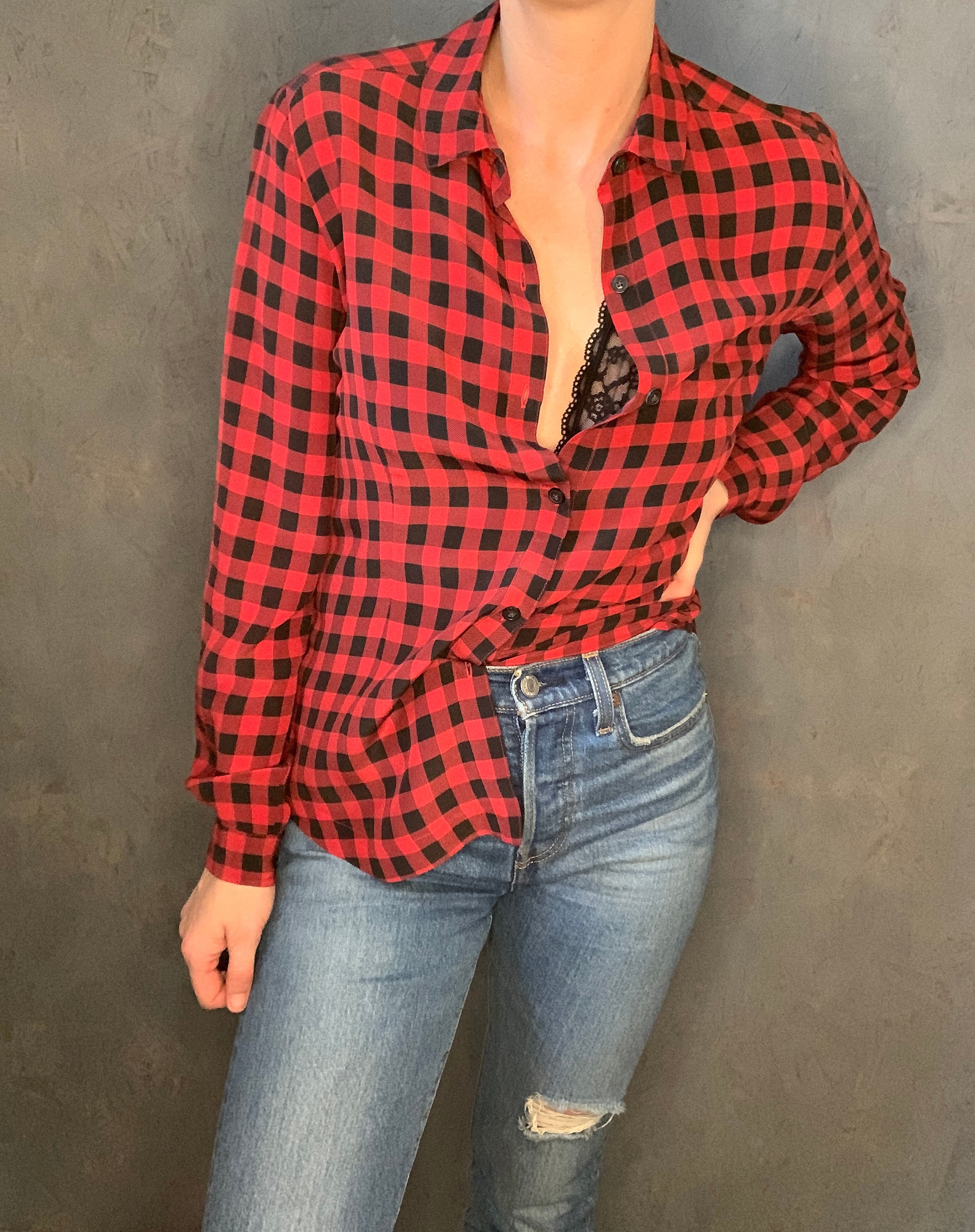 red and black checkered womens shirt
