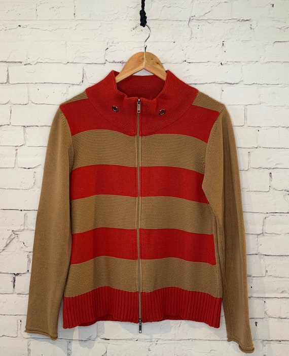 Vintage Cardigan / Tan & Red Striped Cardigan / Vintage Zip Cardigan / Elbow Patch Cardigan / 90's Clothing / Y2K Clothing/2000's Cardigan