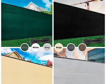 May include: A collage of six images showing different colors of privacy fence mesh. The colors are green, white, grey, beige, black, and brown. Each image shows the mesh installed on a fence with a row of black plastic ties in the foreground.