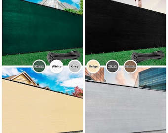 May include: A collage of six images showing different colors of privacy fence mesh. The colors are green, beige, black, grey, white, and brown. Each image shows the mesh installed on a fence with a bundle of black plastic ties.