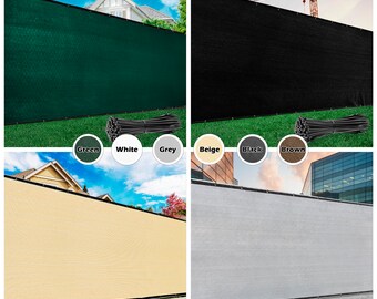 May include: A collage of six images showing different colors of privacy fence mesh. The colors are green, beige, black, grey, white, and brown. Each image shows the mesh installed on a fence with a bundle of black plastic ties.