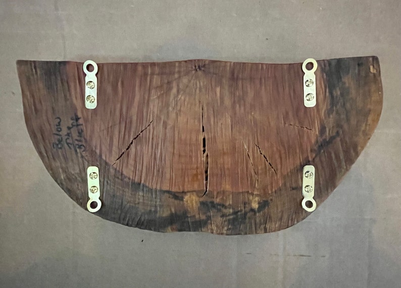 May include: A large, dark wood slice with a natural edge, featuring a unique grain pattern. It has four brass hanging brackets attached to the back. The wood slice is signed "Below 74" and "3116F4".
