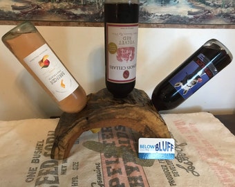 Live Edge Wood Wine Rack meets Farmhouse. Unique Wine Bottle Display 3 Bottles