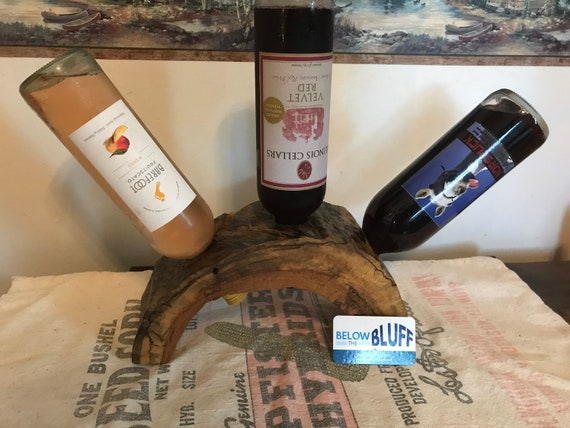 Live Edge Wood Wine Rack meets Farmhouse. Unique Wine Bottle Display 3 Bottles