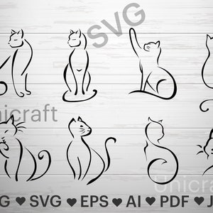 Katze SVG, Katze svg Bundle, Vektor, Katzen Illustration, Katzen Zeichnung Png, Silhouette, Miauen Linie Kunst, Shirt, Cricut Schneidedatei. Kätzchen Isoliert