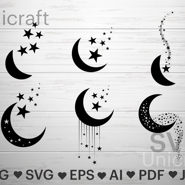 Moon and Stars Svg, Celestial svg, Moon Star set Vector, Moon silhouette svg, Night moon Clipart, clip art, Night sky, Cricut Cutting File.