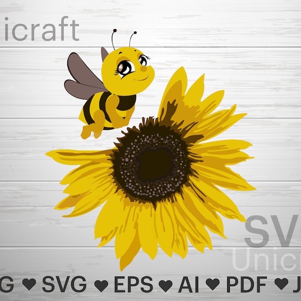 Bee and Flower Svg, Bee and Sunflower Svg, Honey Bee Svg file, Vector, Bumble Bee Svg, Half Sunflower Svg, kids Bee, Cricut Cutting File.