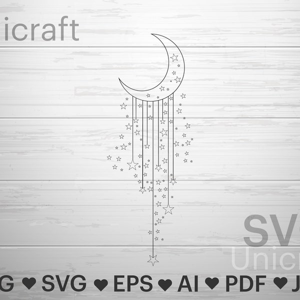 Moon and Stars Svg, Celestial svg file, Vector, Moon Line Art Svg, Night moon Clipart, Star clip art, Cricut Cutting File.