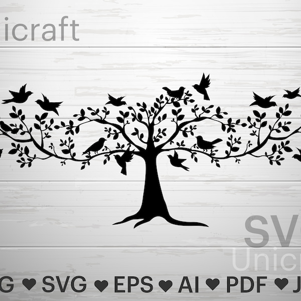 Bird Tree Svg, Birds Tree svg file, Vector, Tree Branches silhouette, Forest Clipart, Birds Flock clip art, Cricut Cutting File.