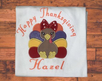 Girls thanksgiving shirt turkey with bow/personalized shirt turkey/ embroidery turkey girl shirt/
