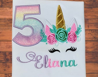 Personalized Unicorn Birthday Shirt: Embroidered Glitter Girl's Tee