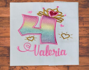 Embroidered Birthday Princess Shirt: Glitter Crown, Personalized Girl's Tee