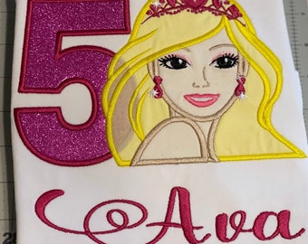 Personalized Birthday Girl T-Shirt: Embroidered Blonde Princess, Glitter Number